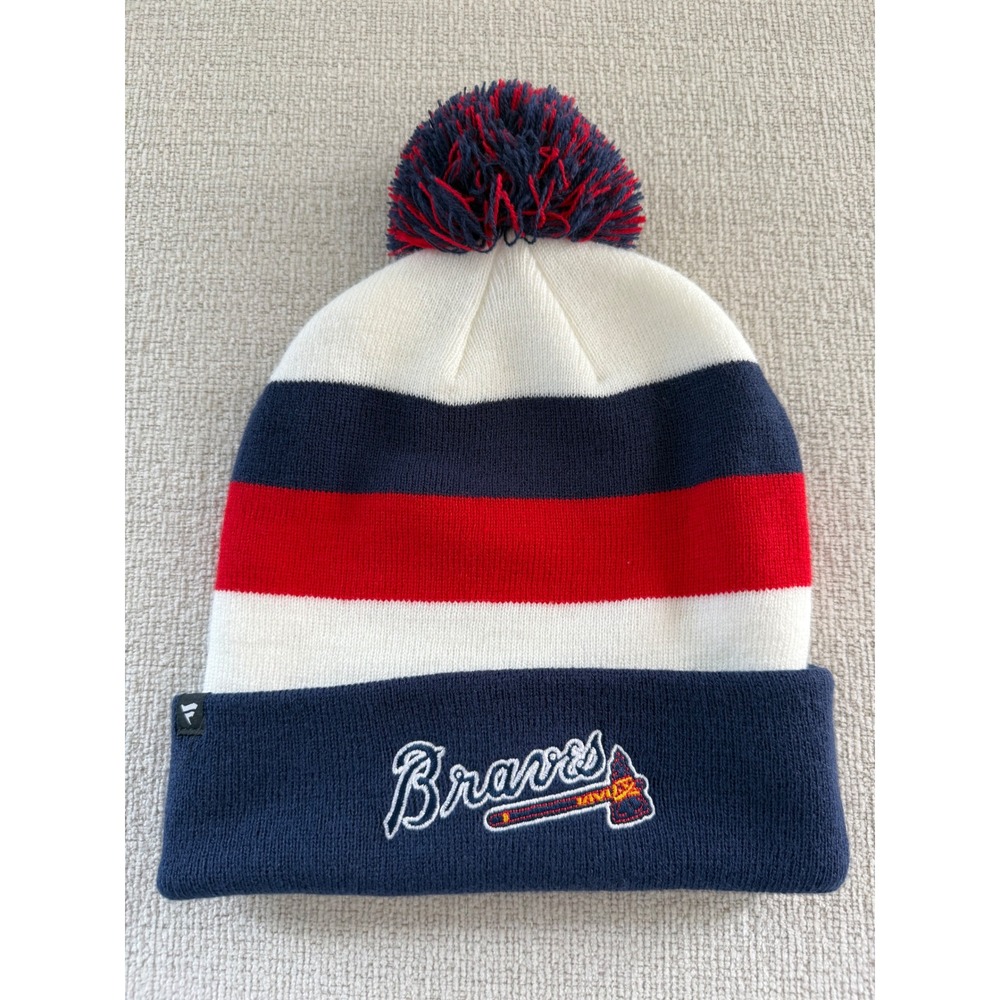 Atlanta Braves Fanatics Cuffed Knit Beanie Pom Hat Striped Winter Cap NWOT